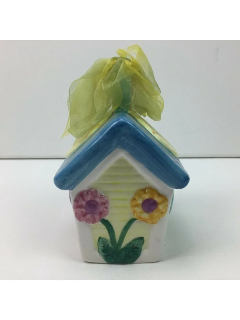 White Ceramic Birdhouse Blue Birds Sun Flowers Purple Yellow Green Ribbon
